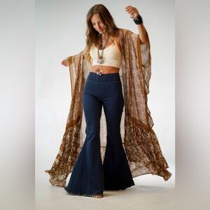 New Boho Long Kimono Duster Sheer Brown Mandala Paisley Ruffle Hem